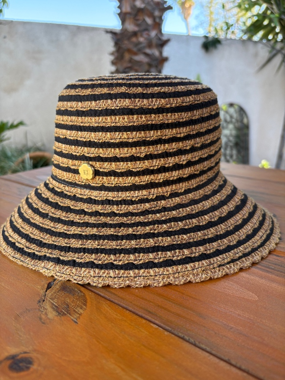 Eric Javits Packable Straw and Black Ribbon Bucket Sun Hat UPF 50+ Stripe